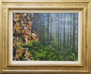 Een realistisch olieverf schilderij van een rode esdoorn in een bos.