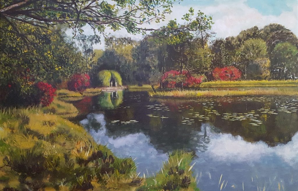 A realistic oil painting of a bower along a pond on a property in Bakkeveen in Friesland.