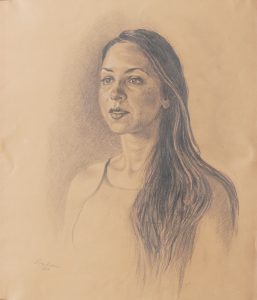 A drawn portrait of a young woman.