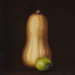 A realistic oil painting of a butternut squash with a lime.