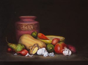 Een stilleven met groente voor een roze vaas tegen een donkere achtergrond, geschilderd met olieverf op paneel.