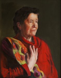 Een realistisch portret in olieverf van een vrouw.
