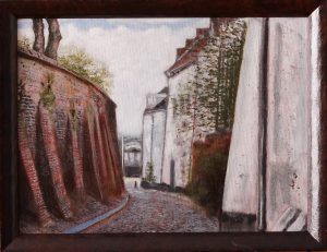 A realistic painting in oil depicting the Ottengas in Nijmegen, leading to the Waal.