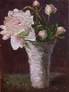 A realistic oil painting on panel of peonies in a vase.