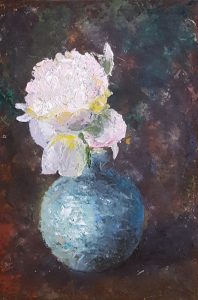 A realistic oil painting on panel of peonies in a vase.