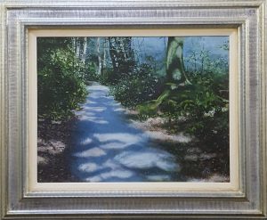 A realistic oil painting of a forest path.