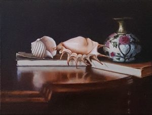 A realistic still life oil painting on canvas.
