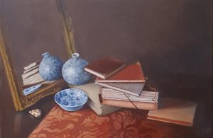 A realistic still life oil painting on canvas.